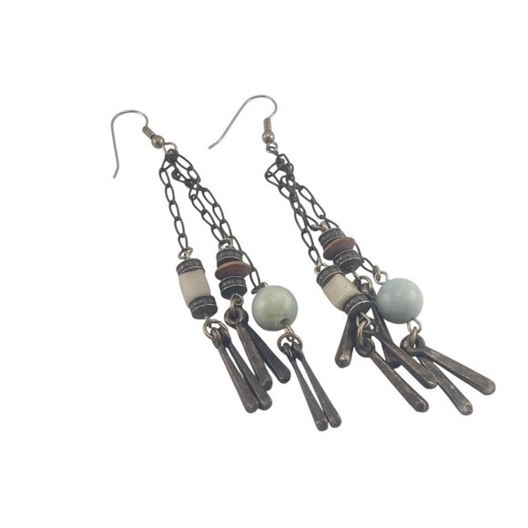 Boho Style Long Dangle Earrings With Metal Chain & Beads - Picture 7 of 8